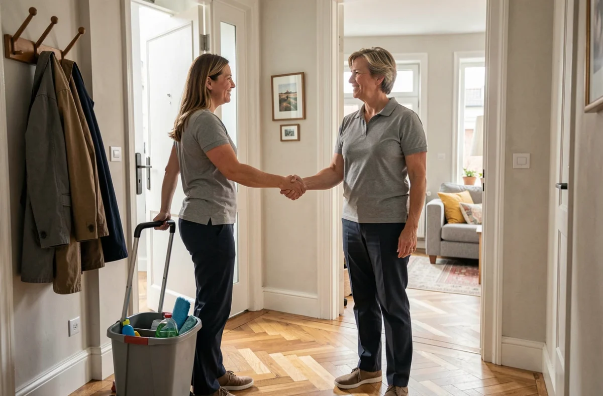 Femme de ménage accueillie par une cliente à l'entrée d'un appartement à Lille pour une prestation de ménage à domicile