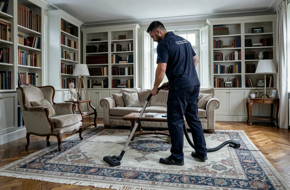 Homme en uniforme d'entreprise de nettoyage passant l'aspirateur dans un salon meublé d'une maison à Lille
