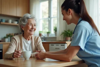 Une aide à domicile accompagne une femme âgée dans sa cuisine, illustrant le maintien à domicile pour seniors