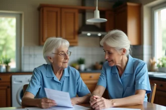 Aide à domicile ADMR aidant une personne âgée à comprendre sa facture de services en 2026