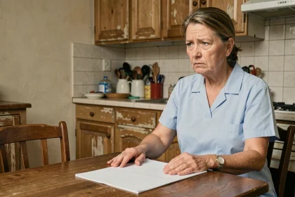 Aide à domicile assise face à un document vide sur une table de cuisine, illustrant l'absence de fiche de poste claire dans un contrat de travail