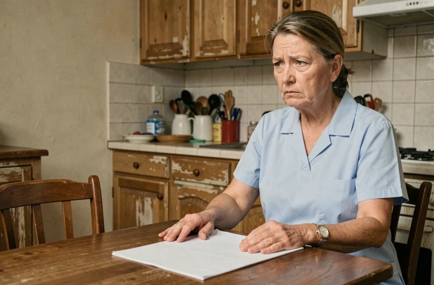 Aide à domicile assise face à un document vide sur une table de cuisine, illustrant l'absence de fiche de poste claire dans un contrat de travail