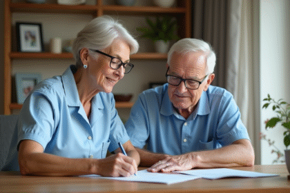 Aide-soignante souriante aidant une personne âgée à remplir un papier