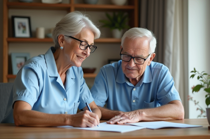 Aide-soignante souriante aidant une personne âgée à remplir un papier