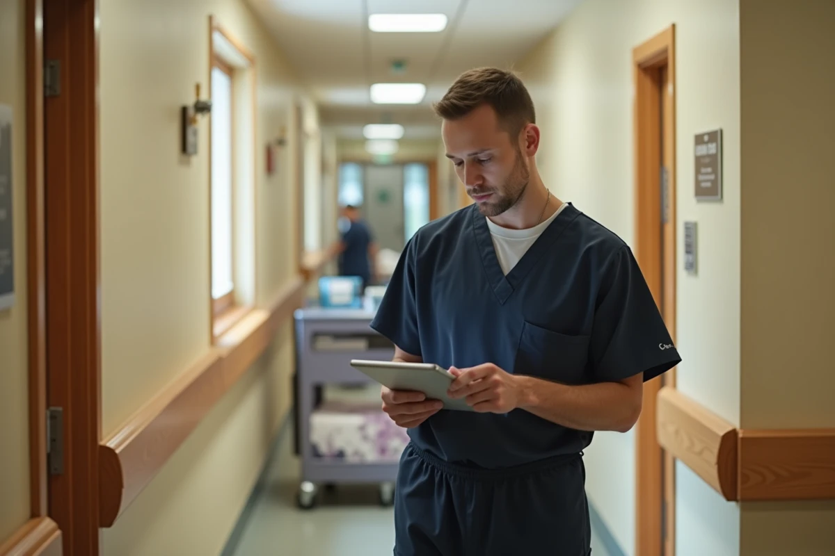 Aide-soignant consultant les transmissions soignantes sur tablette dans le couloir d'un EHPAD avec NETSoins Colisée