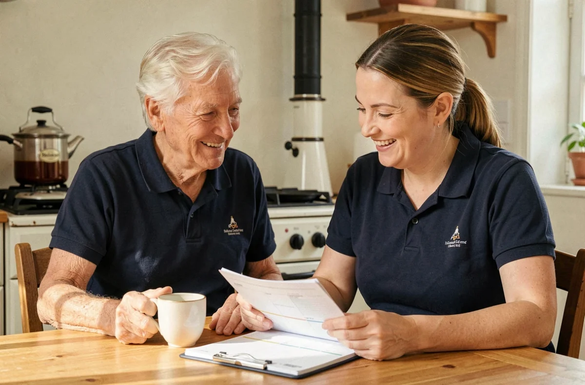 Une intervenante d'Amicial 75 accompagnant un senior parisien autour d'un café à domicile