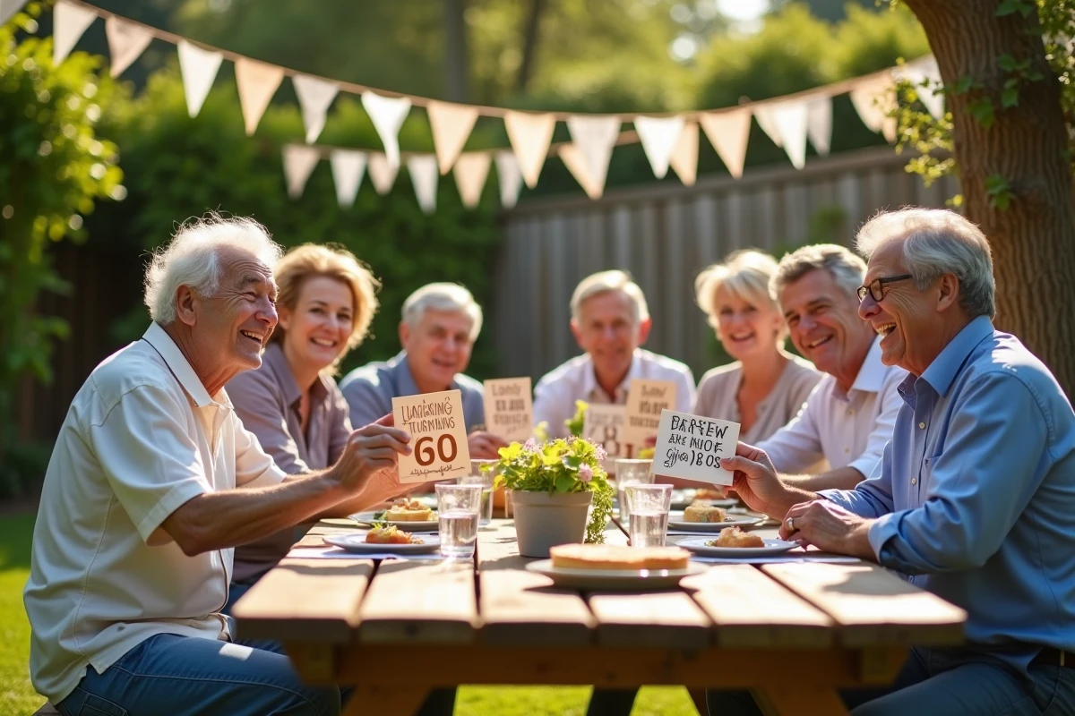Groupe d amis de soixante ans souriants avec invitations dans un jardin