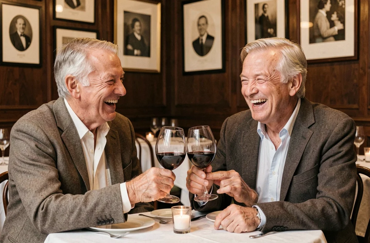 Deux amis septuagénaires trinquent au vin rouge dans un bistrot français pour fêter un anniversaire de 70 ans