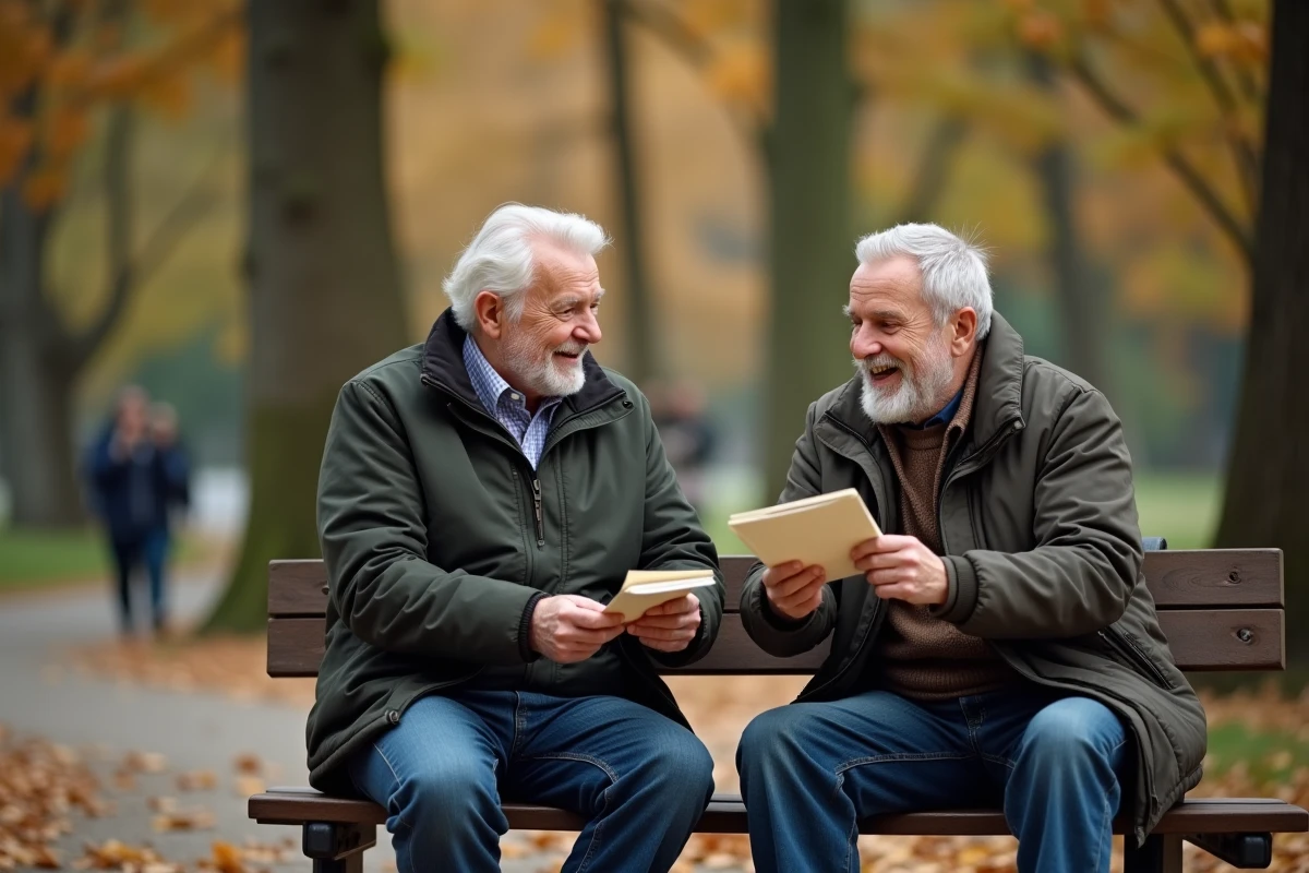 Deux amis hommes assis dans un parc en automne, l'un lisant une lettre de départ en retraite à l'autre avec émotion