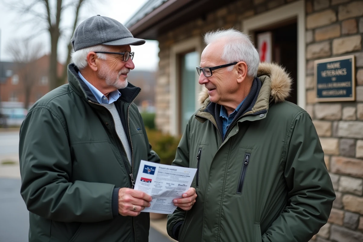 Deux anciens combattants discutant des options de retraite mutualiste devant un local d'association d'anciens combattants