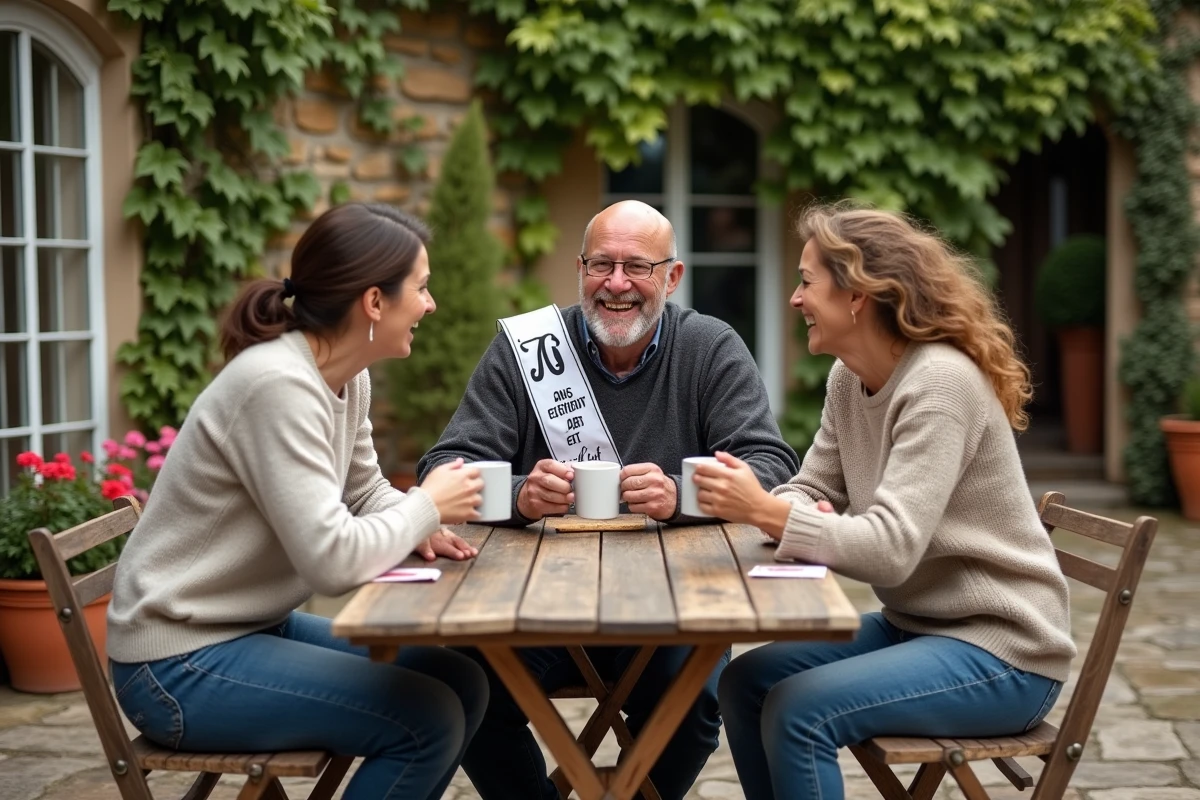 Groupe d'amis célébrant l'anniversaire humoristique d'un homme de 70 ans dans un jardin avec une écharpe comique