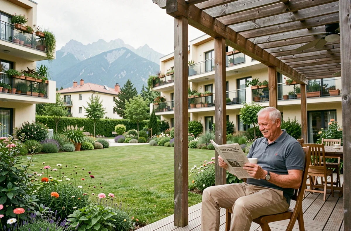 Apart'âges Les Jardins de Laloubère : homme senior lisant sur une terrasse avec vue sur les jardins et les Pyrénées en arrière-plan