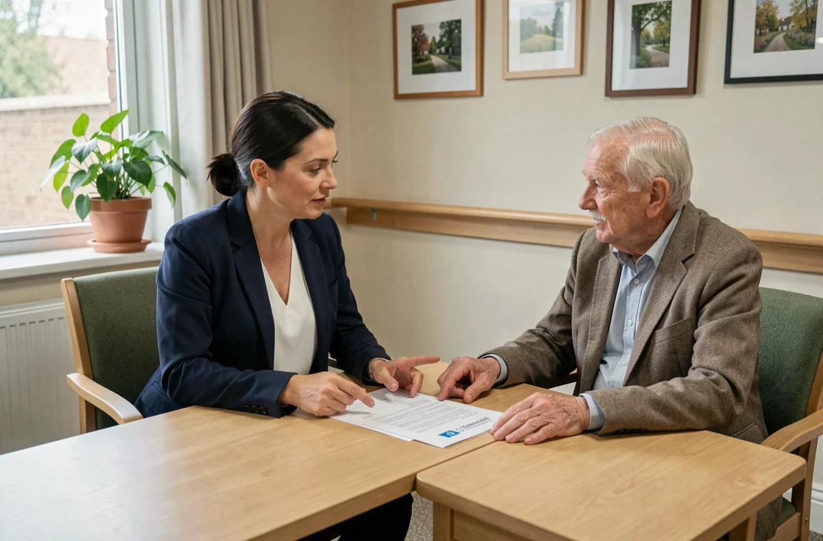 Assistante sociale expliquant les aides APA et ASH à un senior dans une maison de retraite