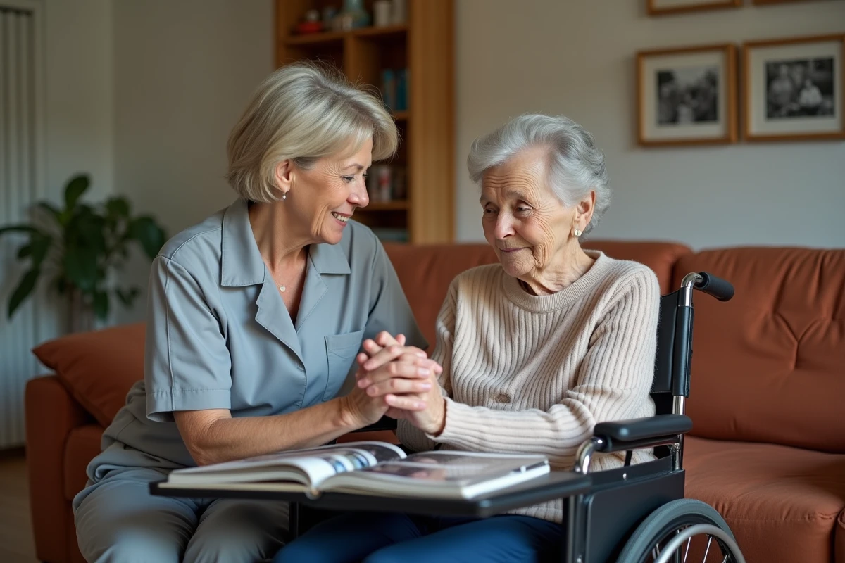 Auxiliaire de vie tenant la main d'une dame âgée en fauteuil roulant devant un album photo, gestion de l'attachement émotionnel dans le soin à domicile