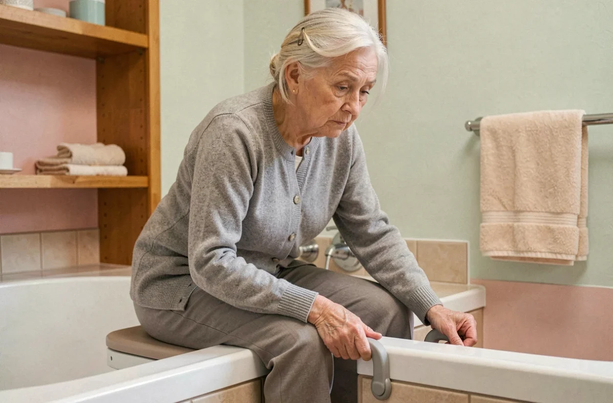 Femme âgée testant l'accessibilité d'une baignoire PMR à bord bas avec poignées de sécurité dans une salle de bain domestique