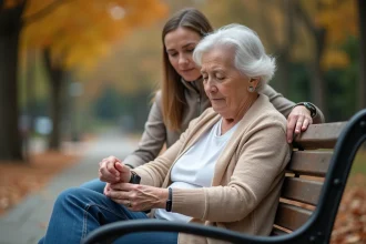 Femme âgée portant un bracelet GPS Alzheimer au poignet dans un parc en automne, accompagnée d'un proche