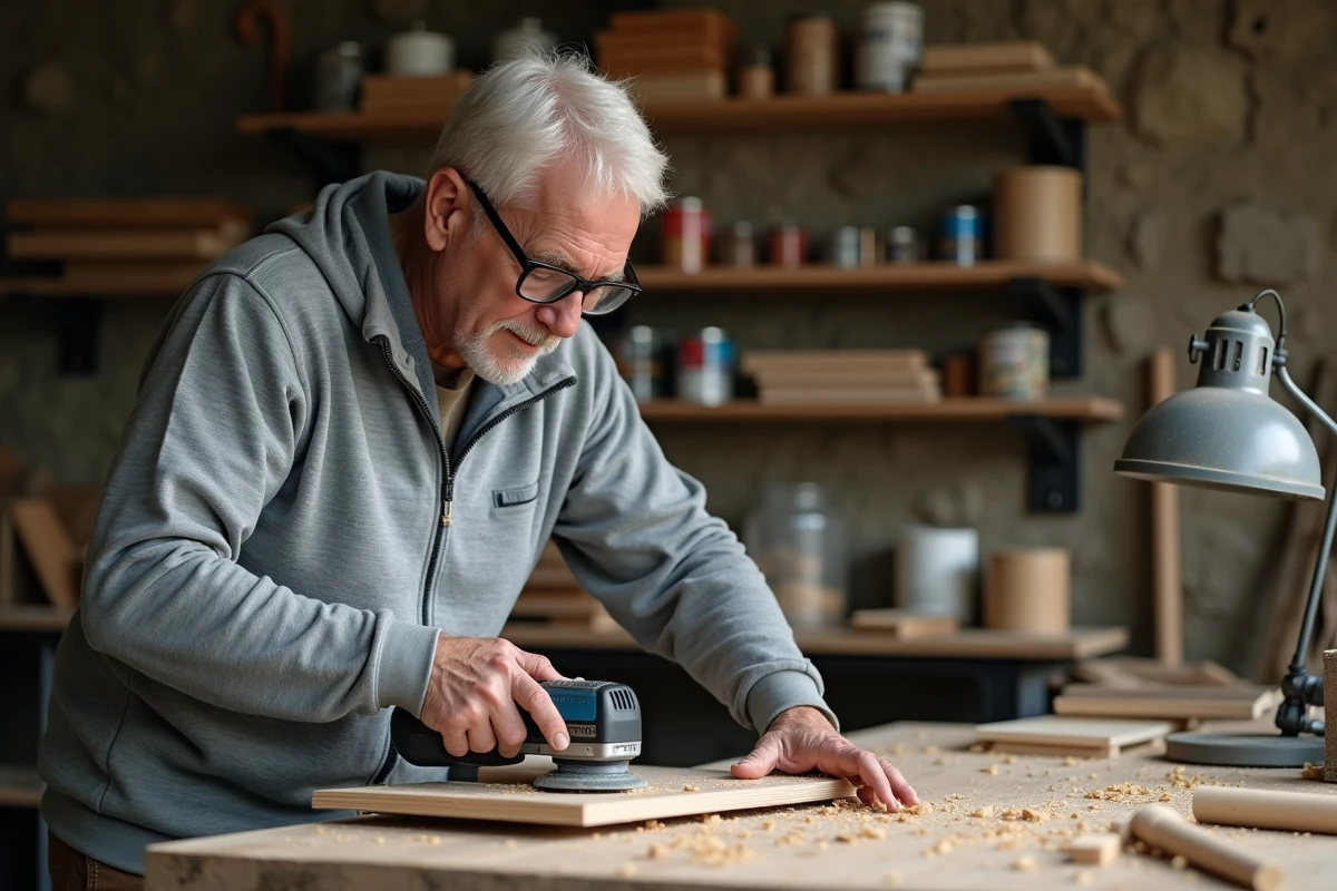 Homme de 60 ans utilisant un outil multifonction sans fil pour poncer une porte en bois dans son atelier