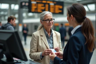 Une femme senior présentant sa carte avantages senior au guichet d'une gare SNCF pour obtenir une réduction sur son billet de train