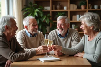 Groupe d'amis retraités célébrant un départ en retraite autour d'une table avec des verres de champagne et une carte de vœux