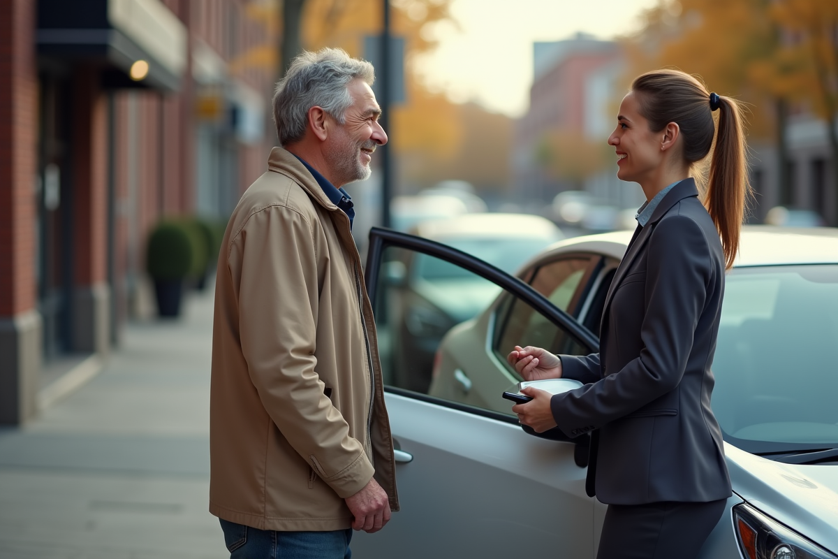 Chauffeure accueillante aidant un senior à entrer dans la voiture