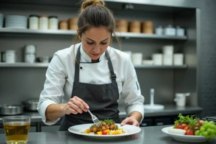 Cheffe cuisinière préparant un repas équilibré et nutritif dans une cuisine institutionnelle moderne à la Maison Zélia