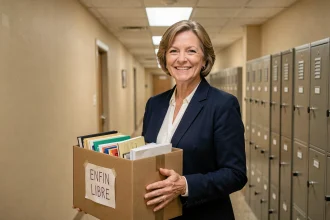 Femme fonctionnaire souriante tenant un carton de départ à la retraite dans un couloir de bureau administratif