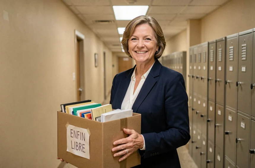 Femme fonctionnaire souriante tenant un carton de départ à la retraite dans un couloir de bureau administratif