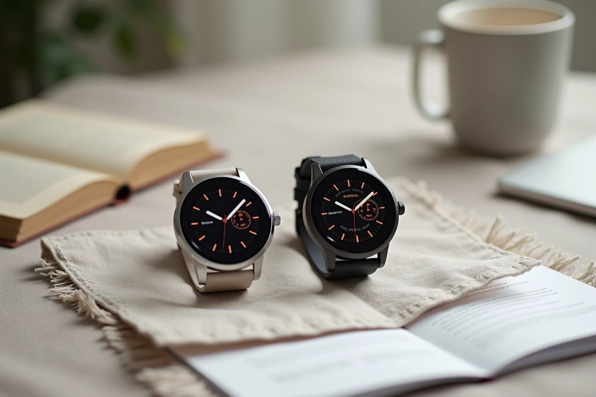 Comparaison de deux montres SOS senior pour femme et pour homme posées sur tissu lin