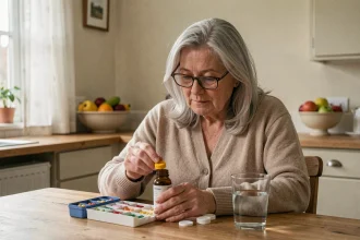 Femme âgée examinant ses compléments alimentaires et médicaments à la cuisine, gestion des polymédications pour seniors