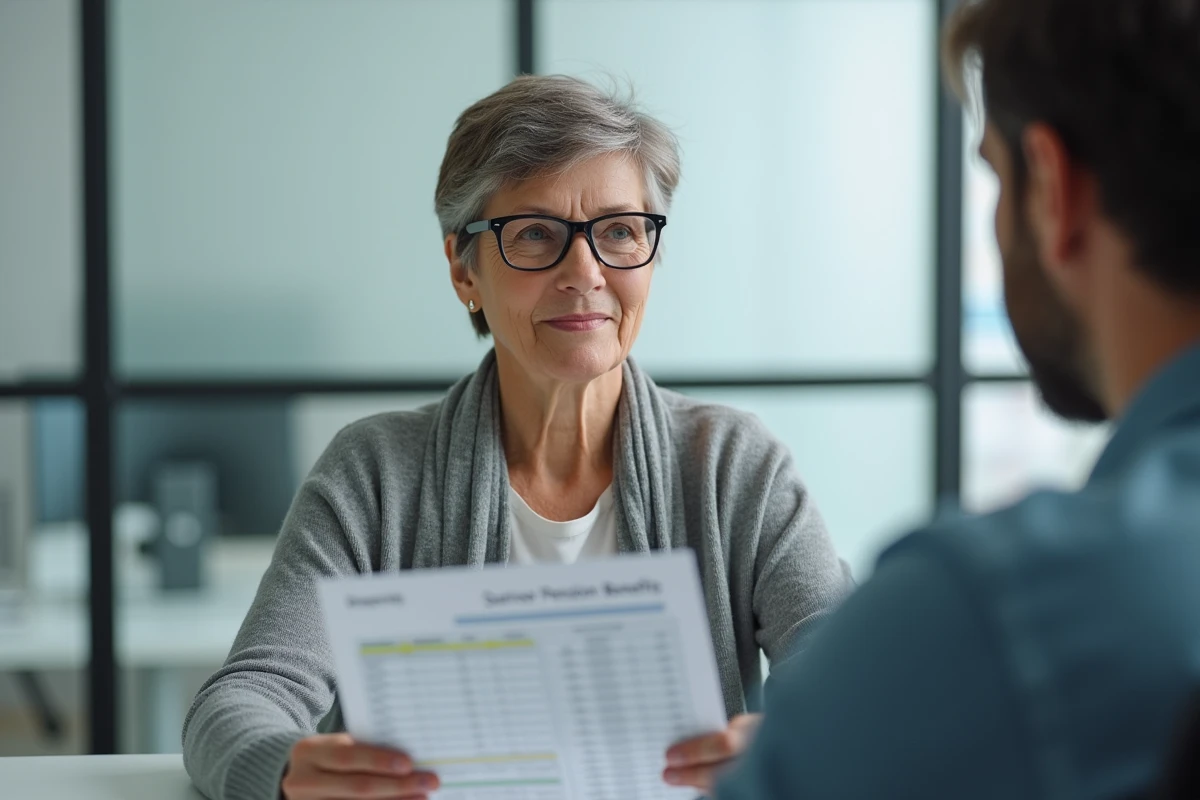 Femme retraitée discutant de la pension de réversion avec un conseiller dans un bureau administratif