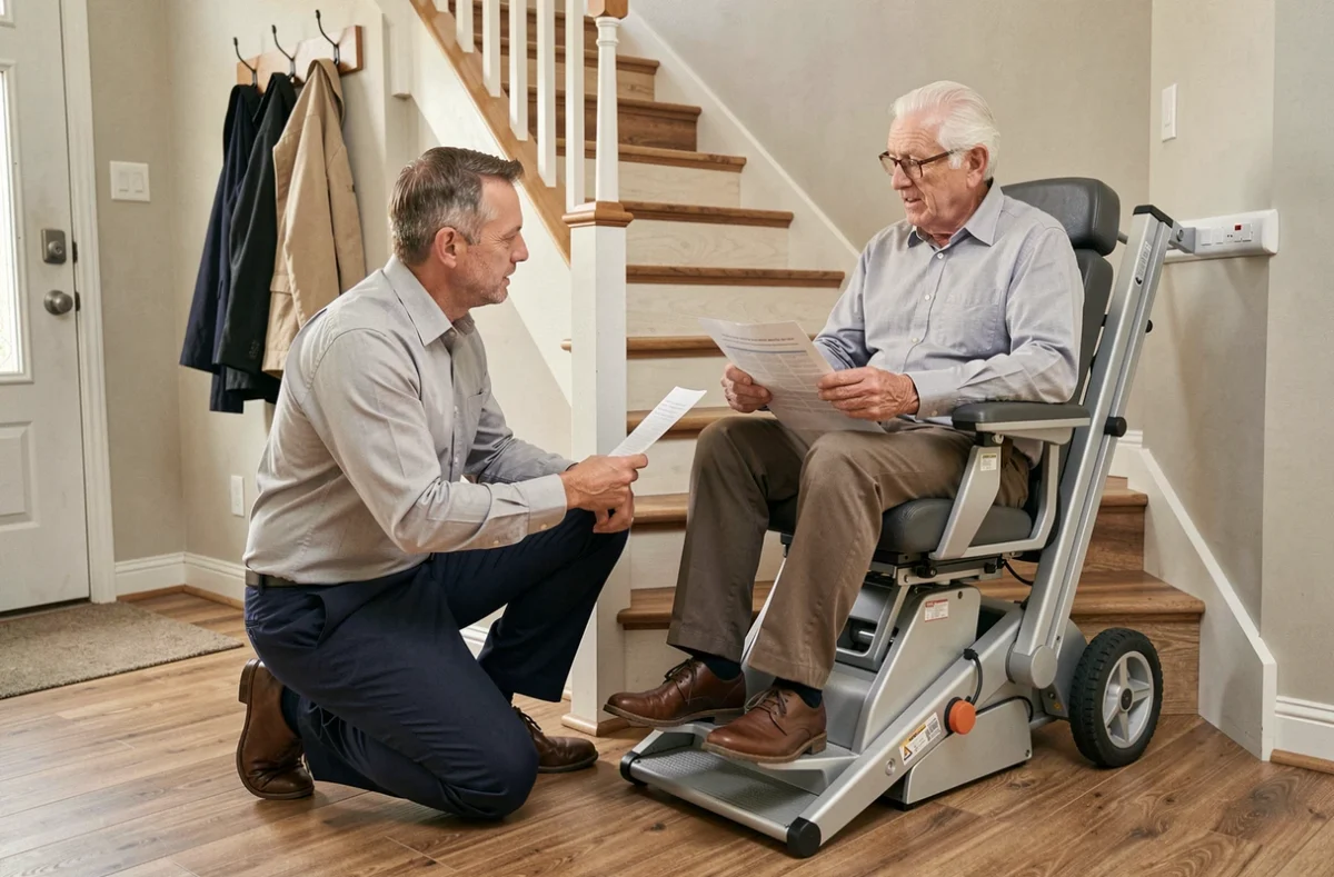 Conseiller en accessibilité expliquant les aides et subventions pour un monte escaliers à un senior