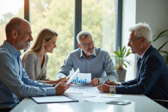 Conseiller financier avec un couple senior à un bureau lumineux