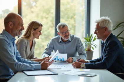 Conseiller financier avec un couple senior à un bureau lumineux