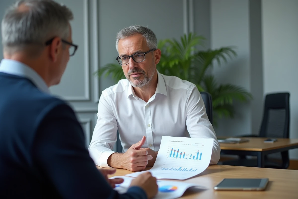 Conseiller financier présentant des graphiques sur la revalorisation des retraites 2026 à un client retraité dans un bureau professionnel