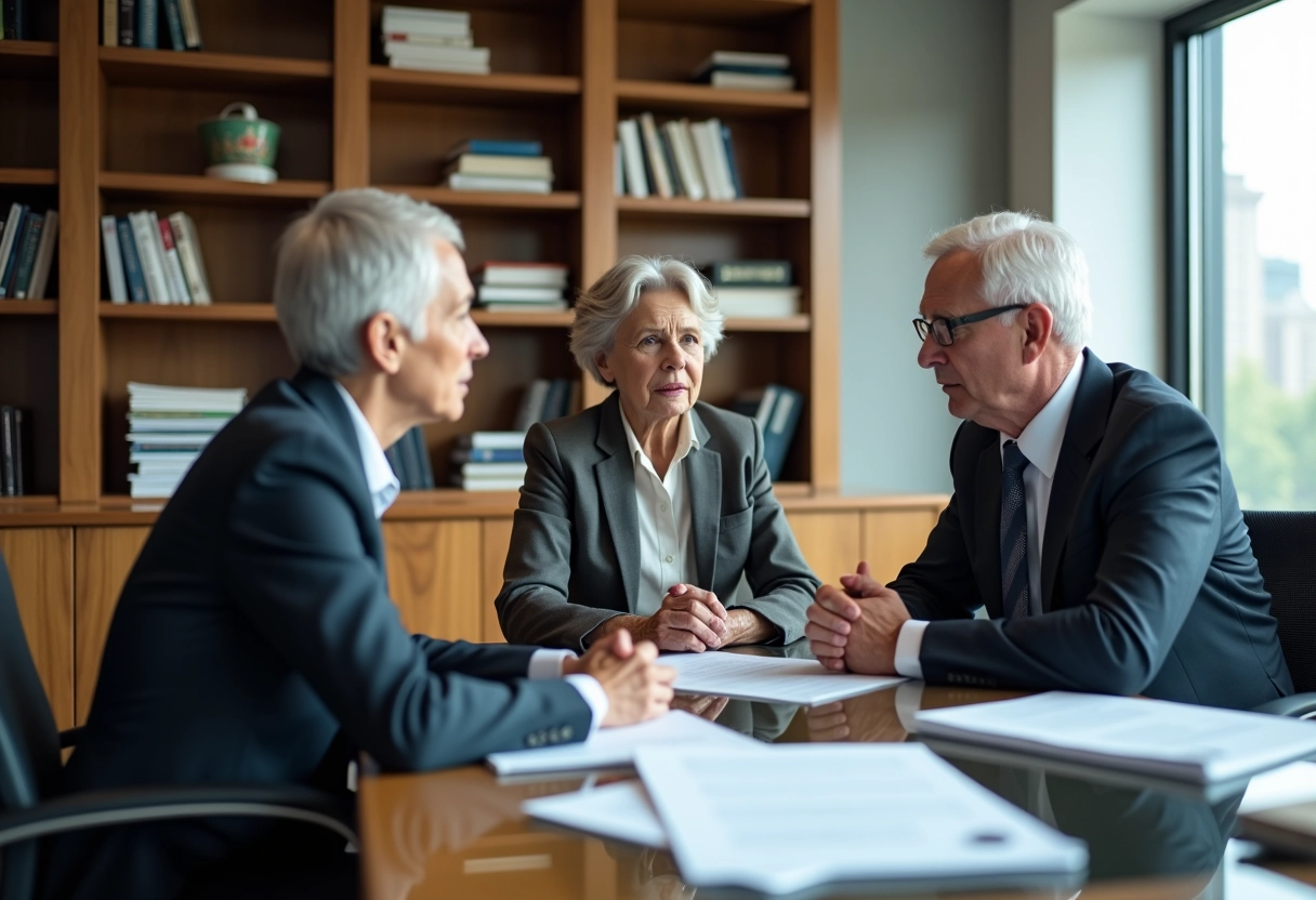 Conseiller financier discutant avec un couple inquiet au bureau