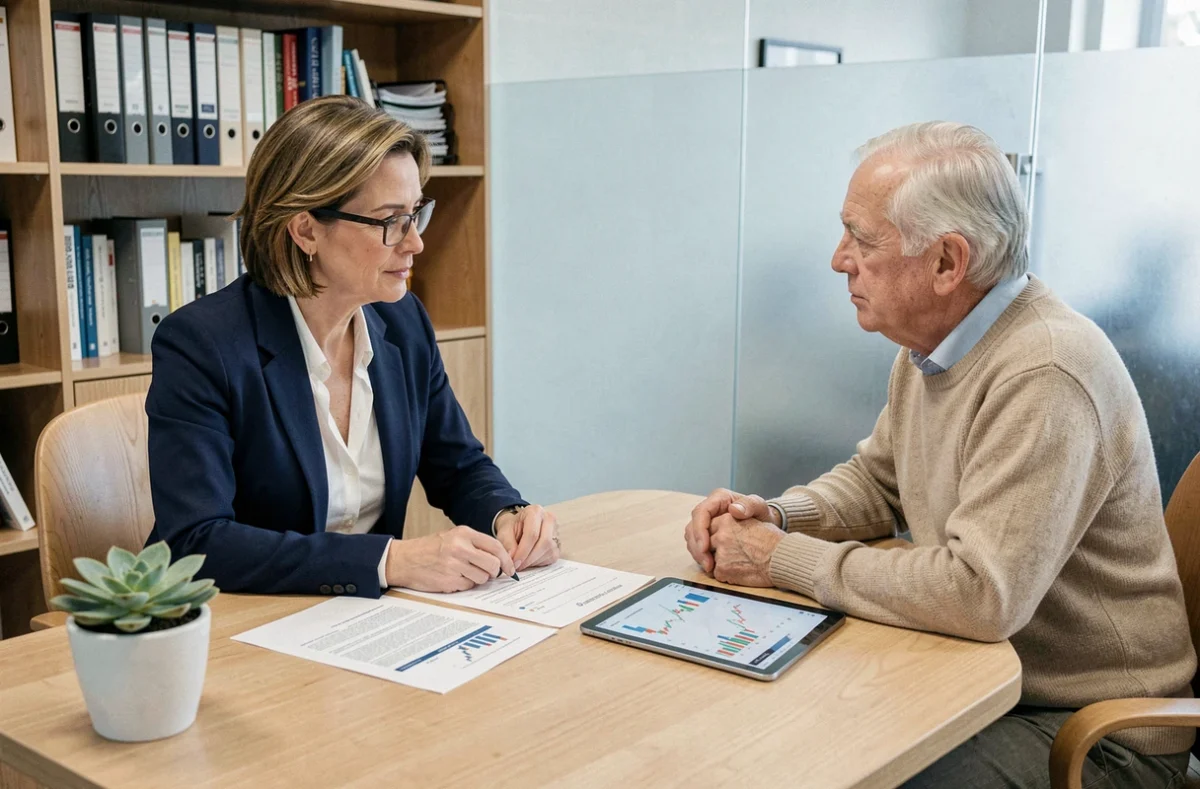 Conseiller financier présentant des options d'optimisation fiscale à un retraité dans un bureau de conseil en gestion de patrimoine