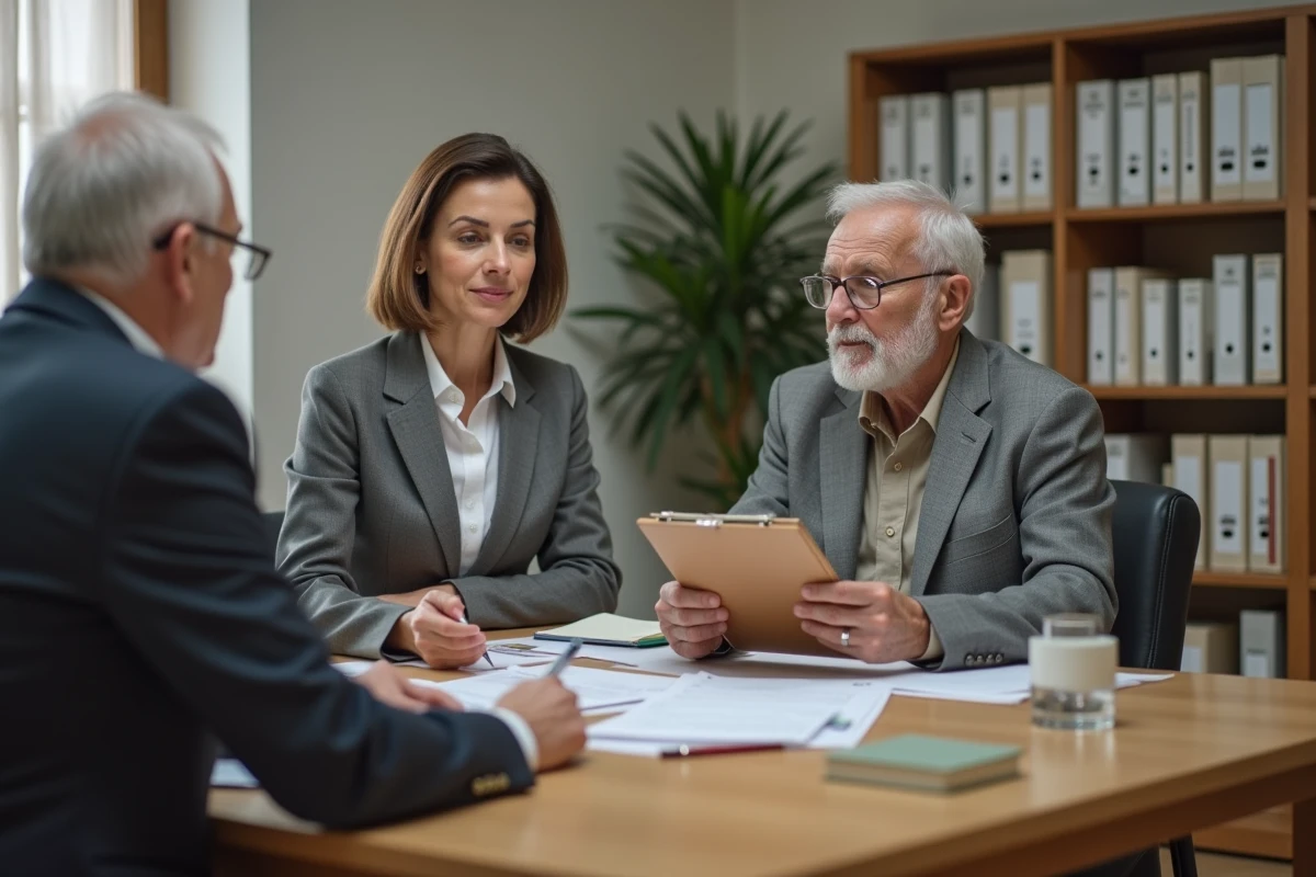 Conseillère spécialisée accompagnant un retraité dans les démarches administratives pour intégrer une résidence services