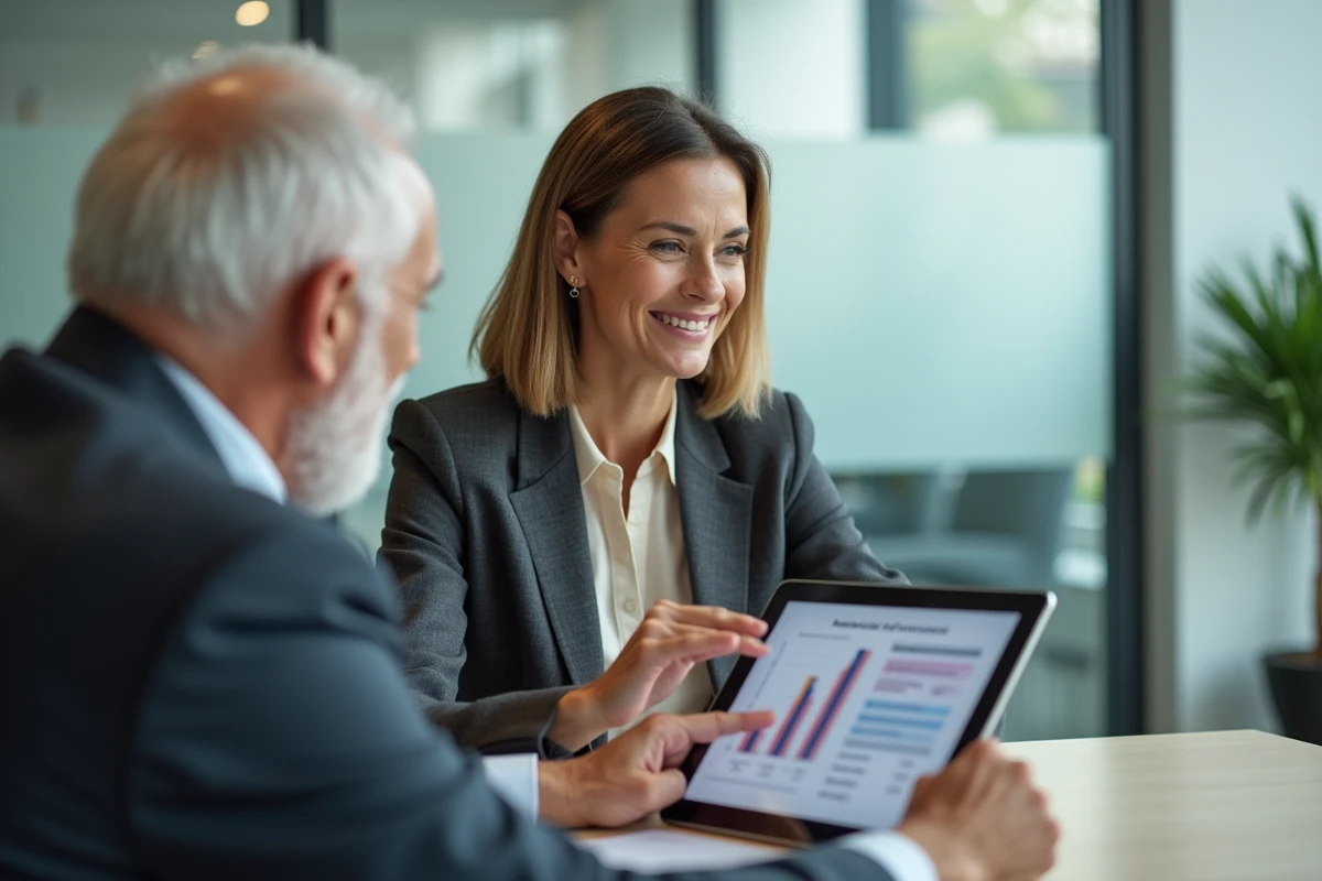 Conseillère en mutuelle expliquant les différences entre les contrats de retraite mutualiste à un combattant retraité