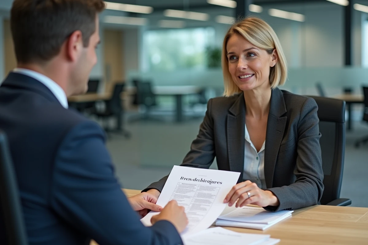 Conseillère financière expliquant les démarches et pièges de la retraite entreprise à un client en réunion