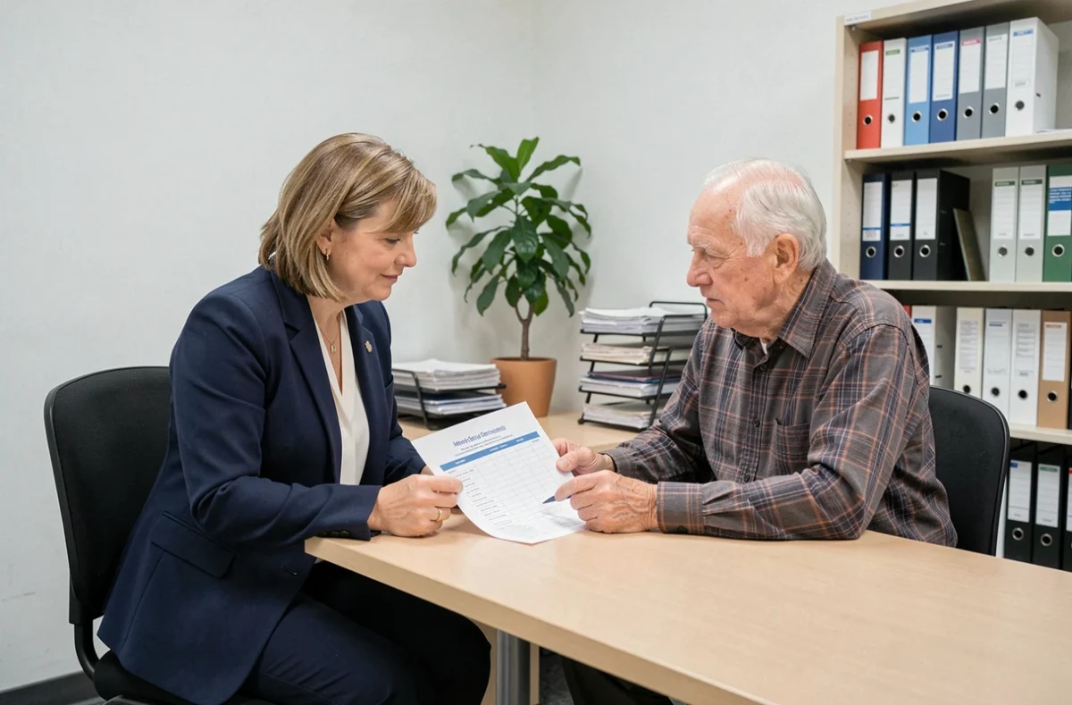 Conseillère sociale accompagnant un senior dans la compréhension du reste à charge de l'APA