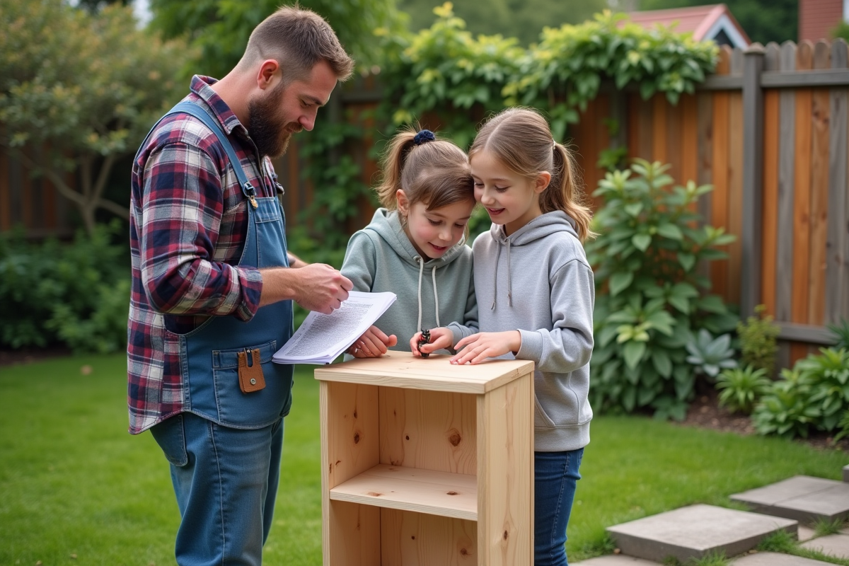 Père et enfants assemblant une étagère dans le jardin