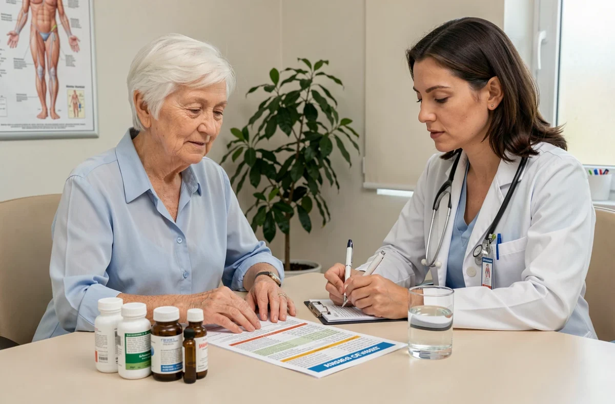 Consultation médicale pour une patiente âgée polymédiquée discutant de protocoles de compléments alimentaires sûrs avec son médecin