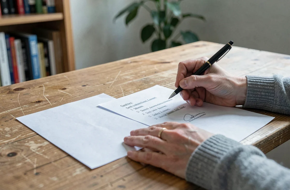 Gros plan sur un contrat incomplet et une liste de tâches manuscrites, symbolisant l'absence de fiche de poste formelle pour une aide à domicile