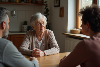 Femme âgée en conversation sérieuse avec sa famille