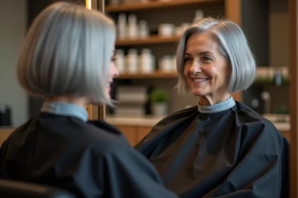 Femme âgée aux cheveux courts en carré plongeant assise dans un fauteuil de salon de coiffure moderne