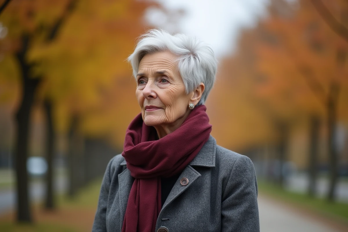 Femme âgée avec une coupe courte pixie en extérieur dans un parc en automne portant un manteau gris