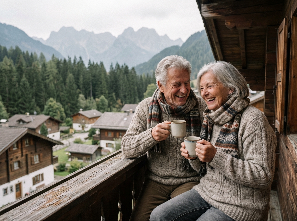 Couple senior détendu avec vue sur le village alpin