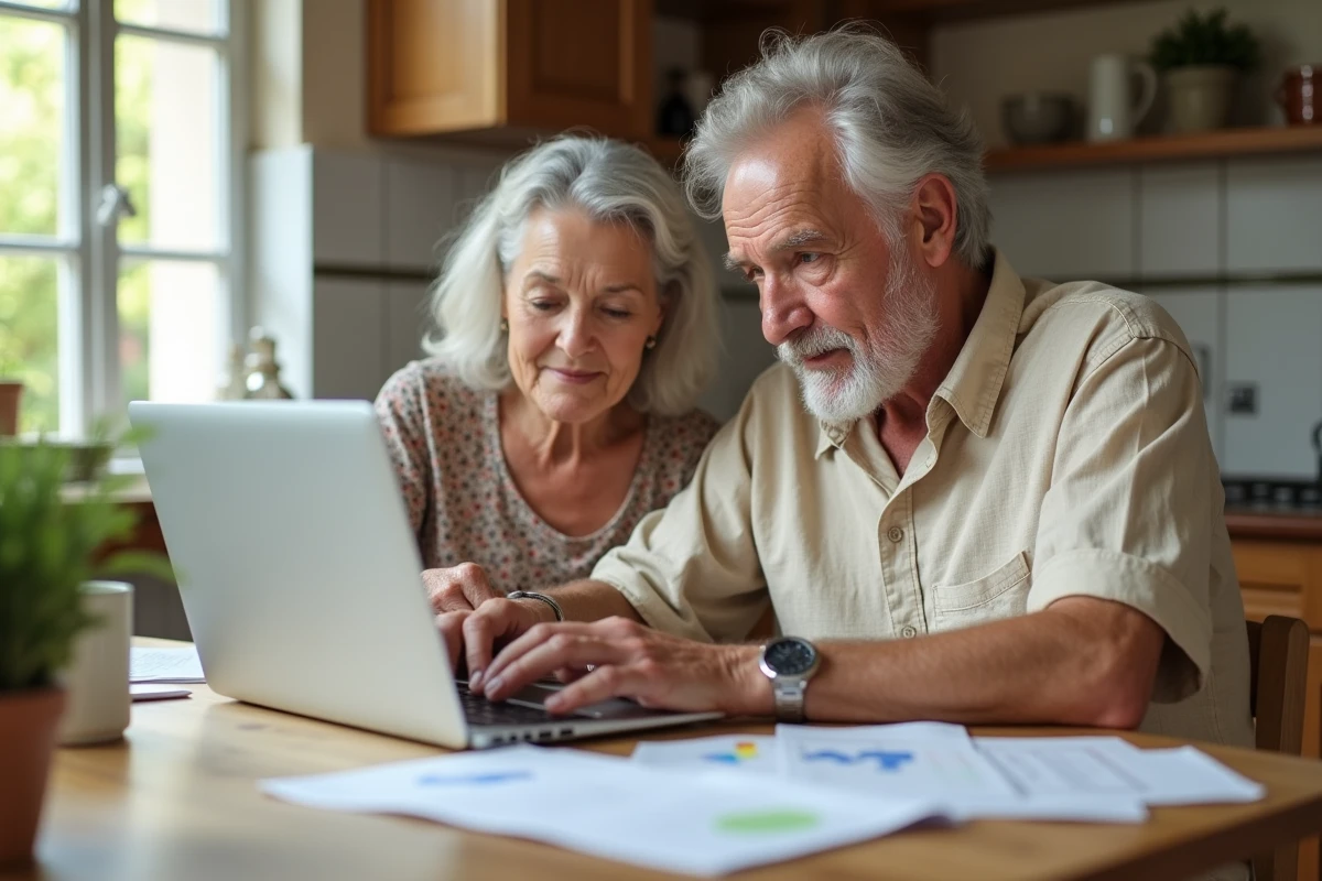 Couple de retraités calculant ensemble la retraite d'un professeur agrégé et la pension de réversion à domicile