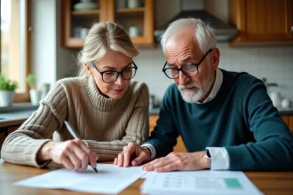 Couple de retraités examinant des documents de pension à la maison