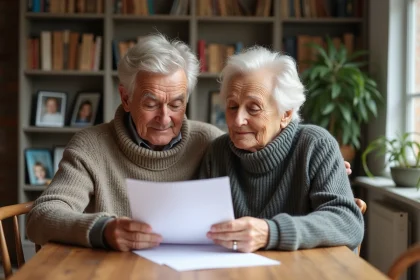 Couple retraité français lisant leurs papiers de pension